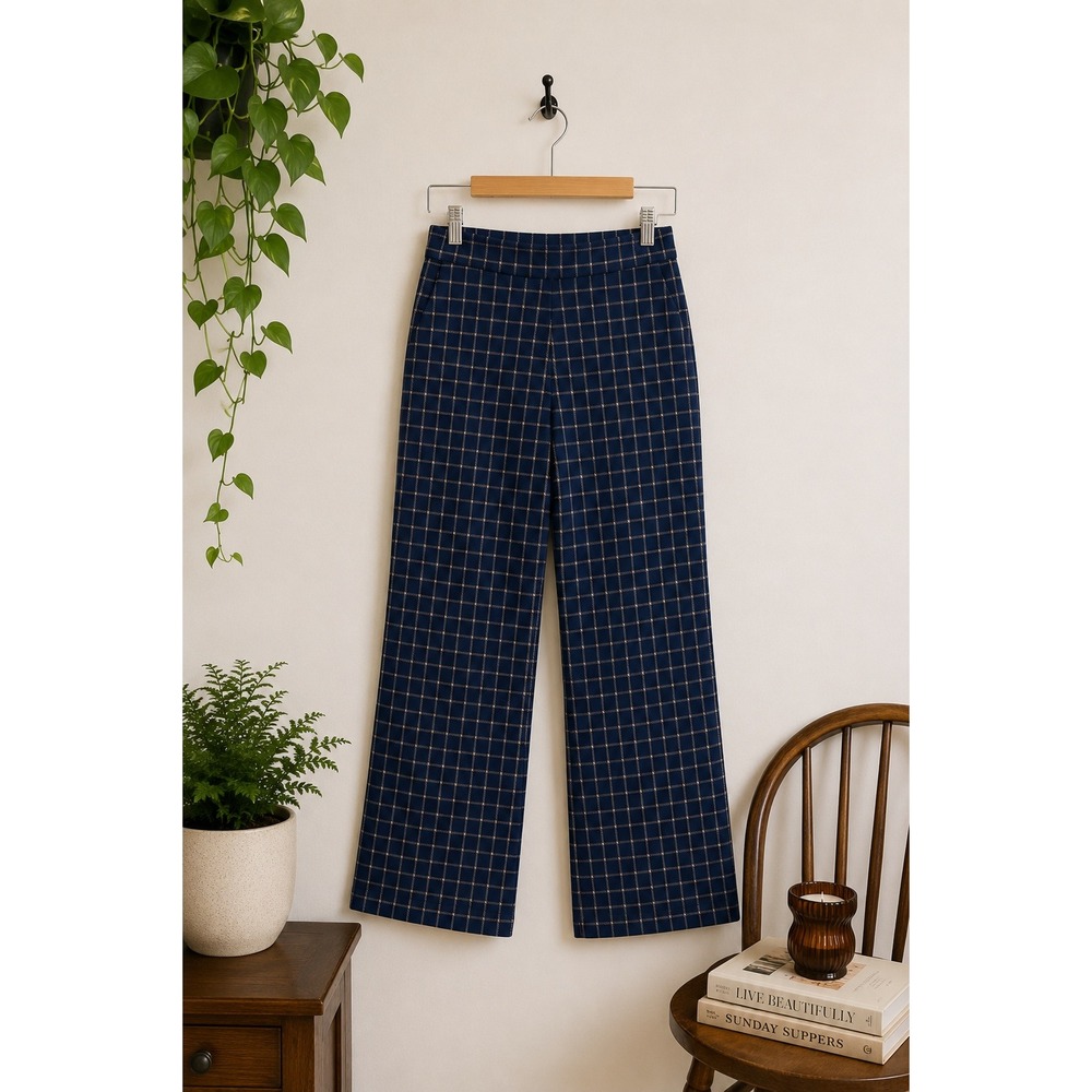 Crosby Blue Gold Plaid Wide Leg Pants Stretch Preppy Corpcore Trousers Sz L Chic